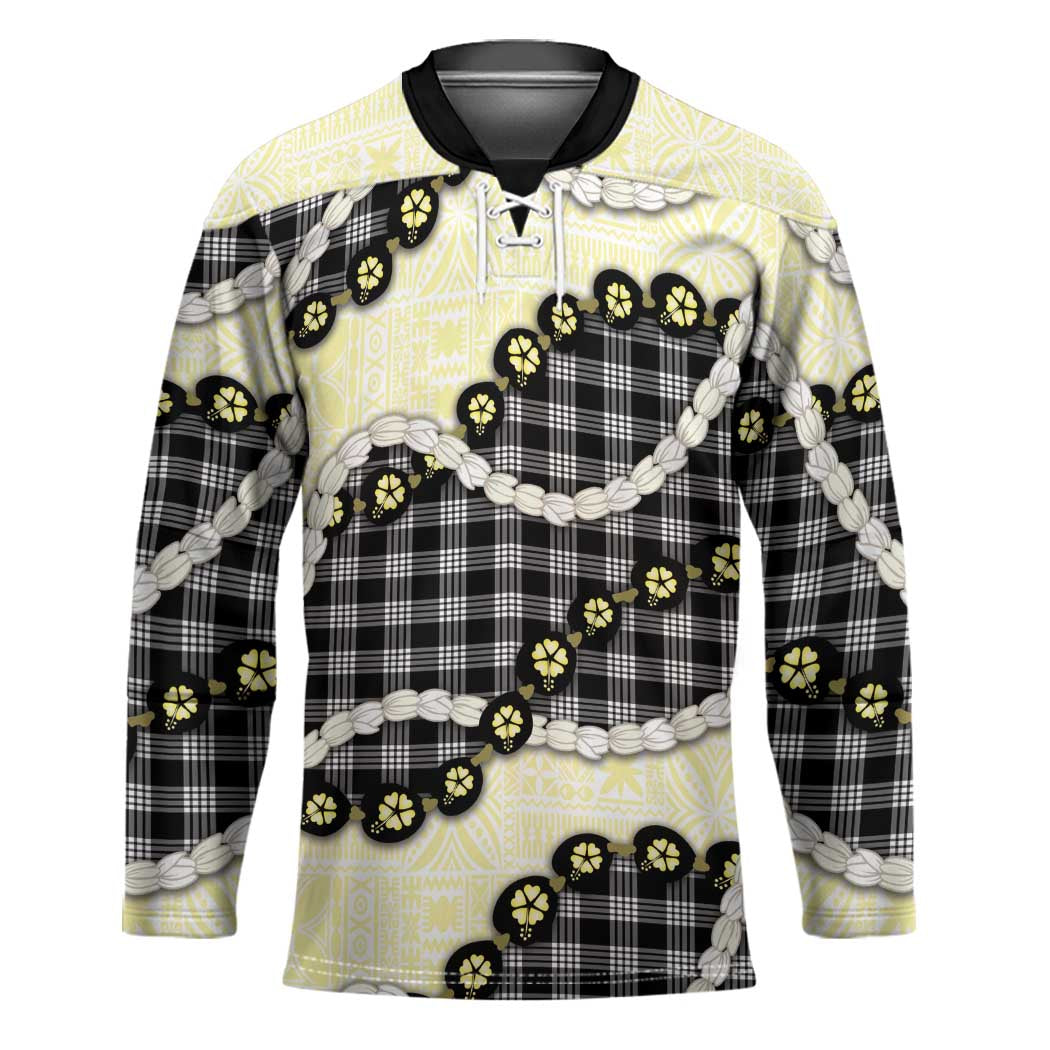 Black Palaka Hawaii Hockey Jersey Kukui Nut Pikake Lei Hawaiian Tapa Pattern - Polynesian Pride