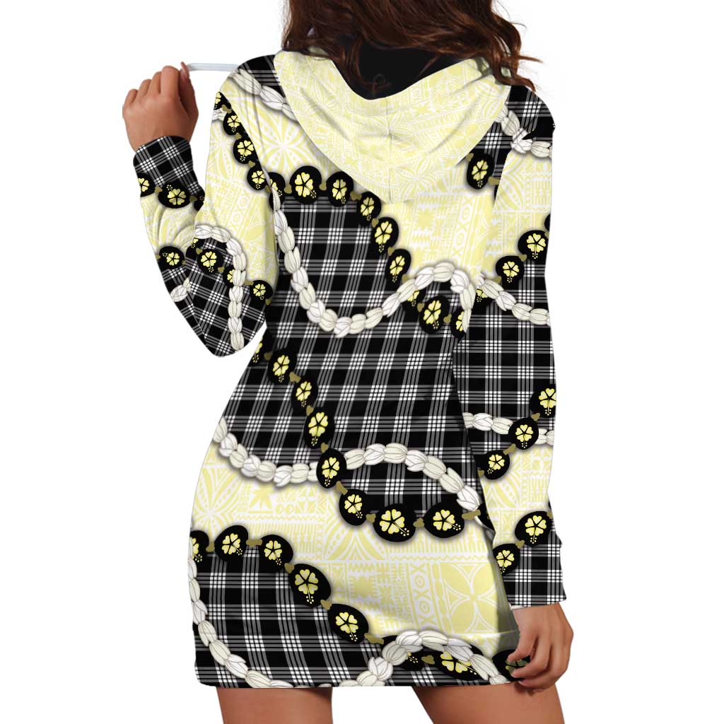 Black Palaka Hawaii Hoodie Dress Kukui Nut Pikake Lei Hawaiian Tapa Pattern - Polynesian Pride
