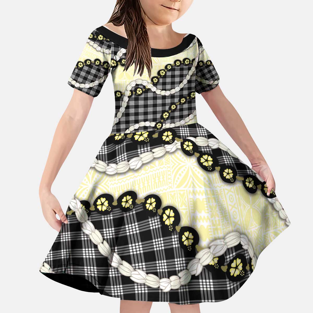 Black Palaka Hawaii Kid Short Sleeve Dress Kukui Nut Pikake Lei Hawaiian Tapa Pattern - Polynesian Pride