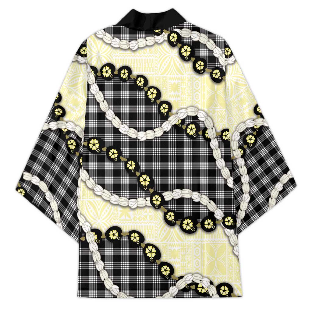 Black Palaka Hawaii Kimono Kukui Nut Pikake Lei Hawaiian Tapa Pattern - Polynesian Pride