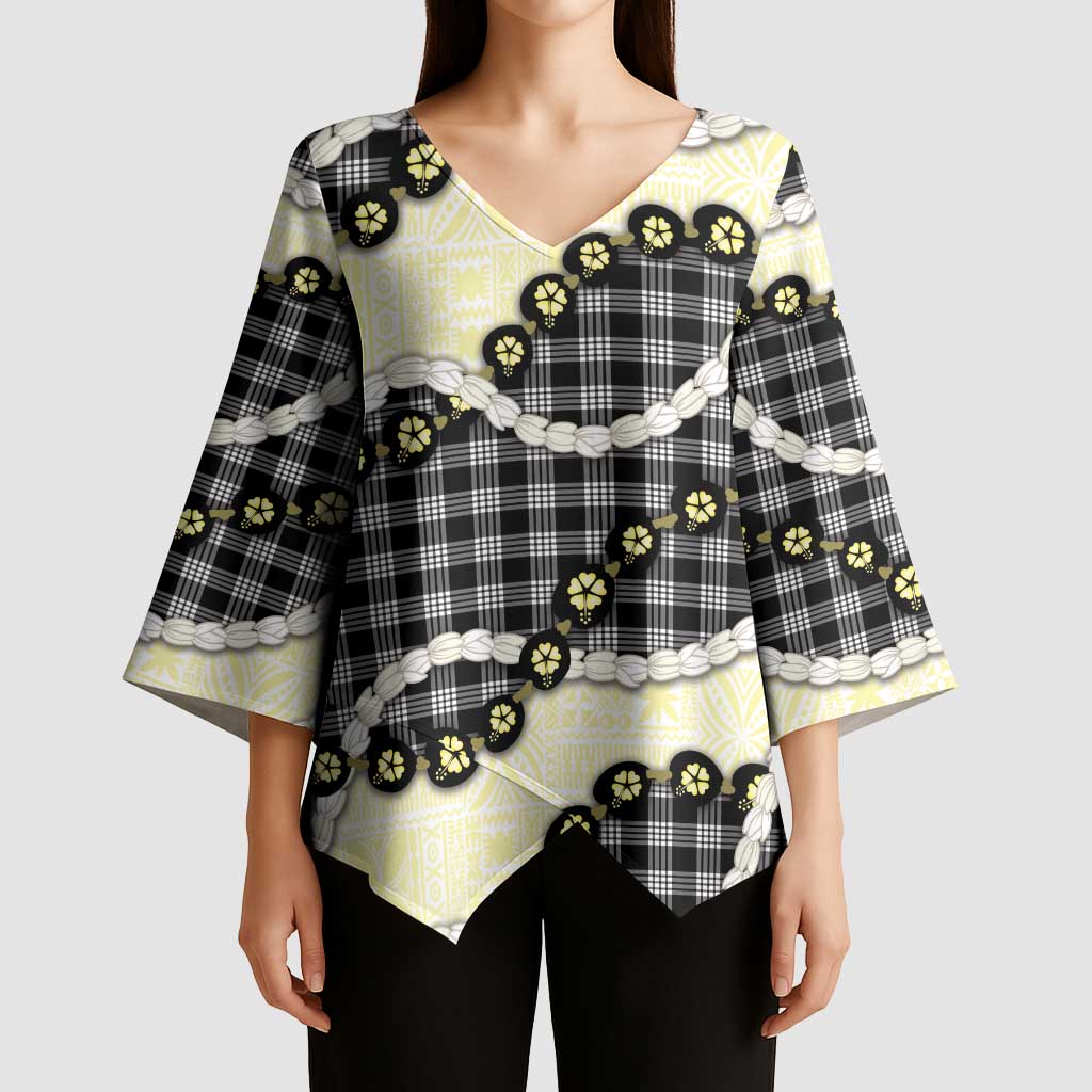 Black Palaka Hawaii Kimono Sleeve Blouse Kukui Nut Pikake Lei Hawaiian Tapa Pattern - Polynesian Pride