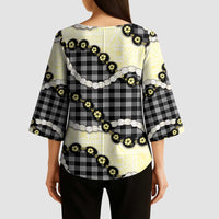 Black Palaka Hawaii Kimono Sleeve Blouse Kukui Nut Pikake Lei Hawaiian Tapa Pattern - Polynesian Pride