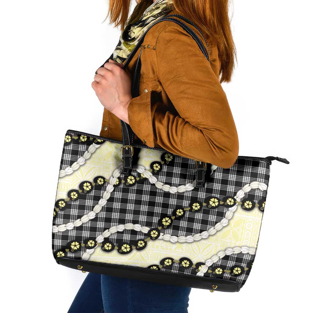 Black Palaka Hawaii Leather Tote Bag Kukui Nut Pikake Lei Hawaiian Tapa Pattern - Polynesian Pride