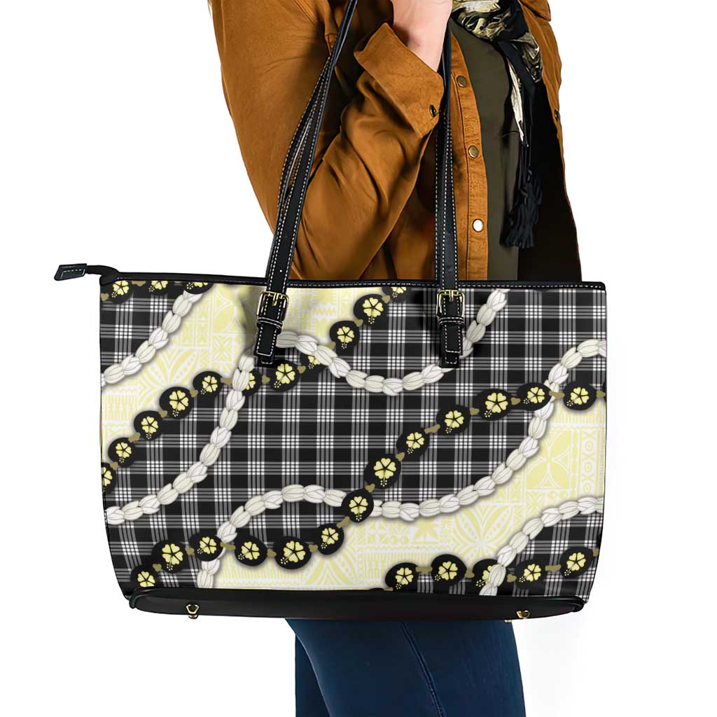 Black Palaka Hawaii Leather Tote Bag Kukui Nut Pikake Lei Hawaiian Tapa Pattern - Polynesian Pride