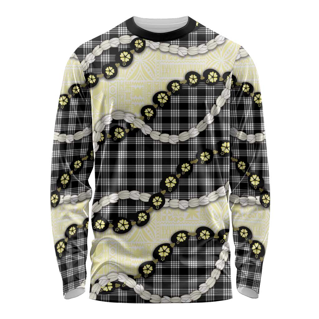 Black Palaka Hawaii Long Sleeve Shirt Kukui Nut Pikake Lei Hawaiian Tapa Pattern - Polynesian Pride