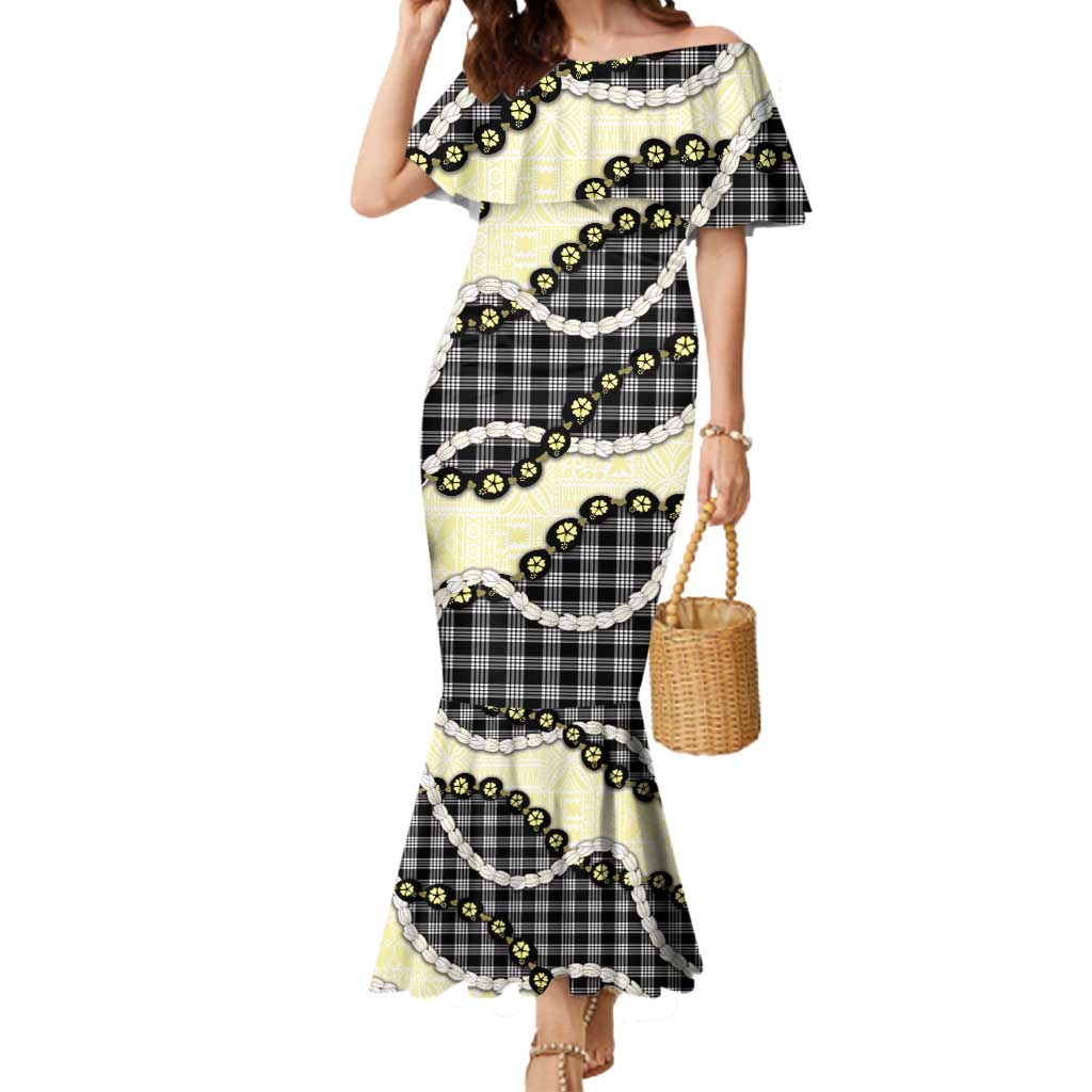 Black Palaka Hawaii Mermaid Dress Kukui Nut Pikake Lei Hawaiian Tapa Pattern - Polynesian Pride