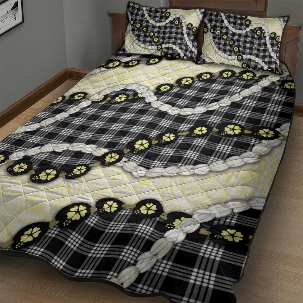 Black Palaka Hawaii Quilt Bed Set Kukui Nut Pikake Lei Hawaiian Tapa Pattern - Polynesian Pride