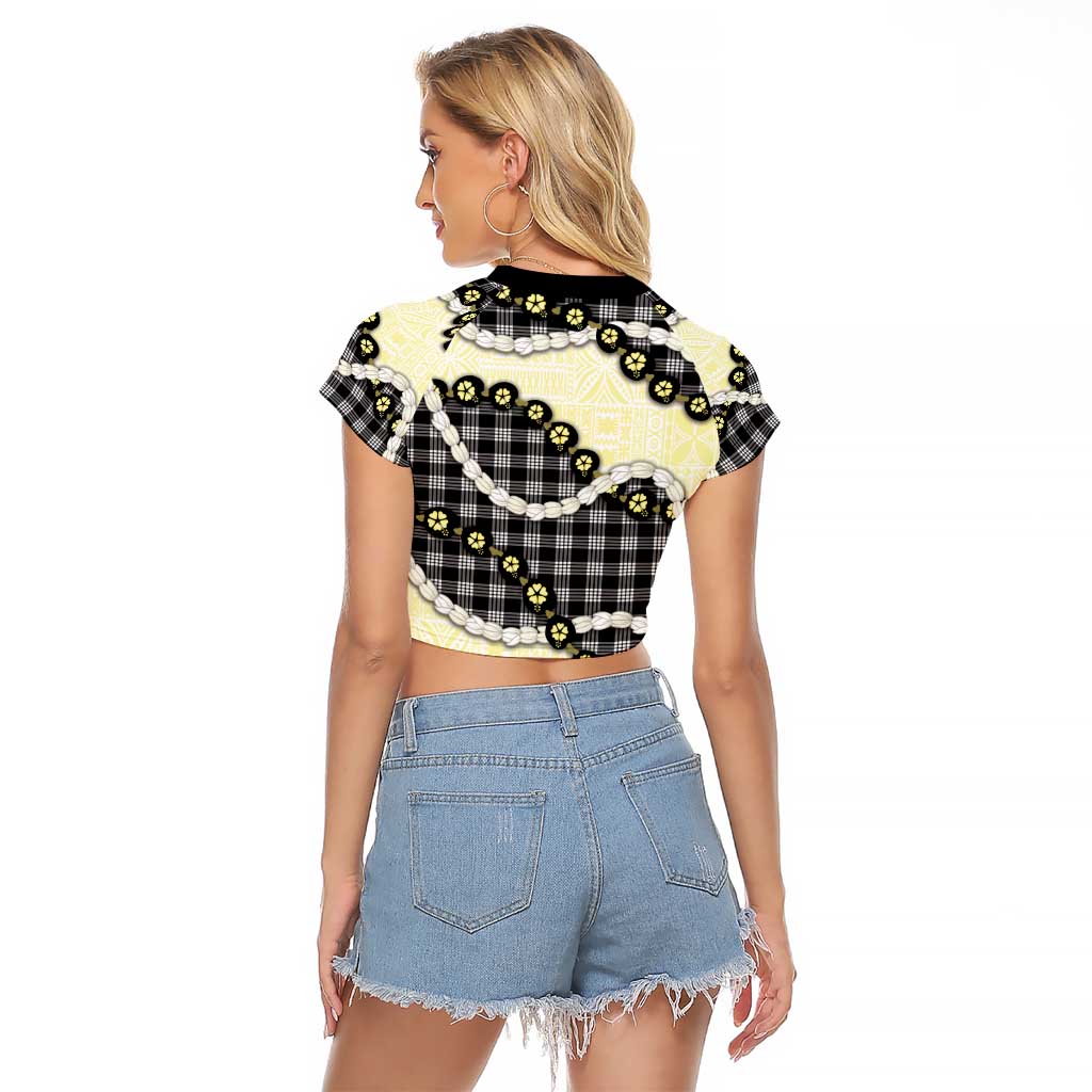 Black Palaka Hawaii Raglan Cropped T Shirt Kukui Nut Pikake Lei Hawaiian Tapa Pattern - Polynesian Pride