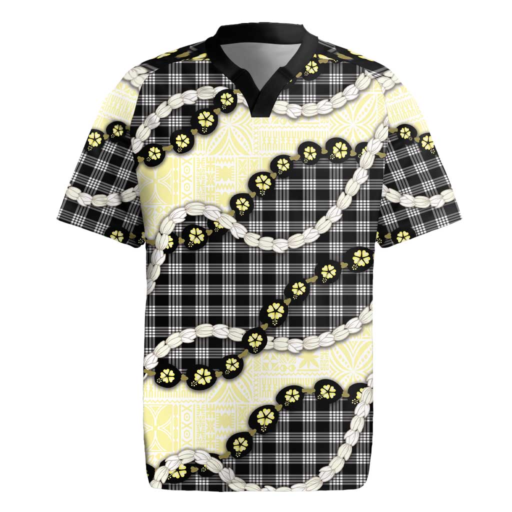 Black Palaka Hawaii Rugby Jersey Kukui Nut Pikake Lei Hawaiian Tapa Pattern - Polynesian Pride