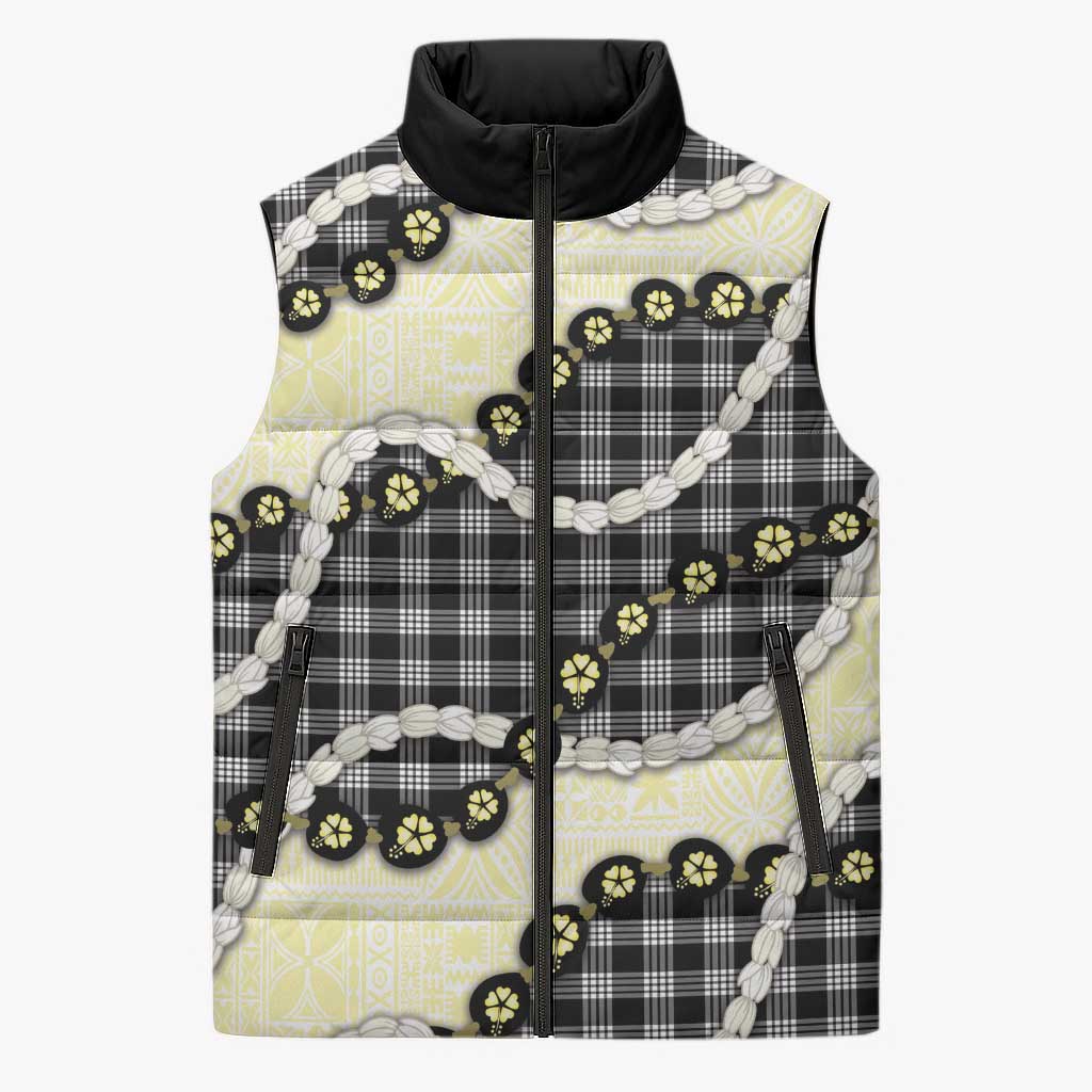 Black Palaka Hawaii Sleeveless Puffer Jacket Kukui Nut Pikake Lei Hawaiian Tapa Pattern - Polynesian Pride