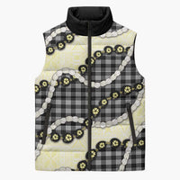 Black Palaka Hawaii Sleeveless Puffer Jacket Kukui Nut Pikake Lei Hawaiian Tapa Pattern - Polynesian Pride