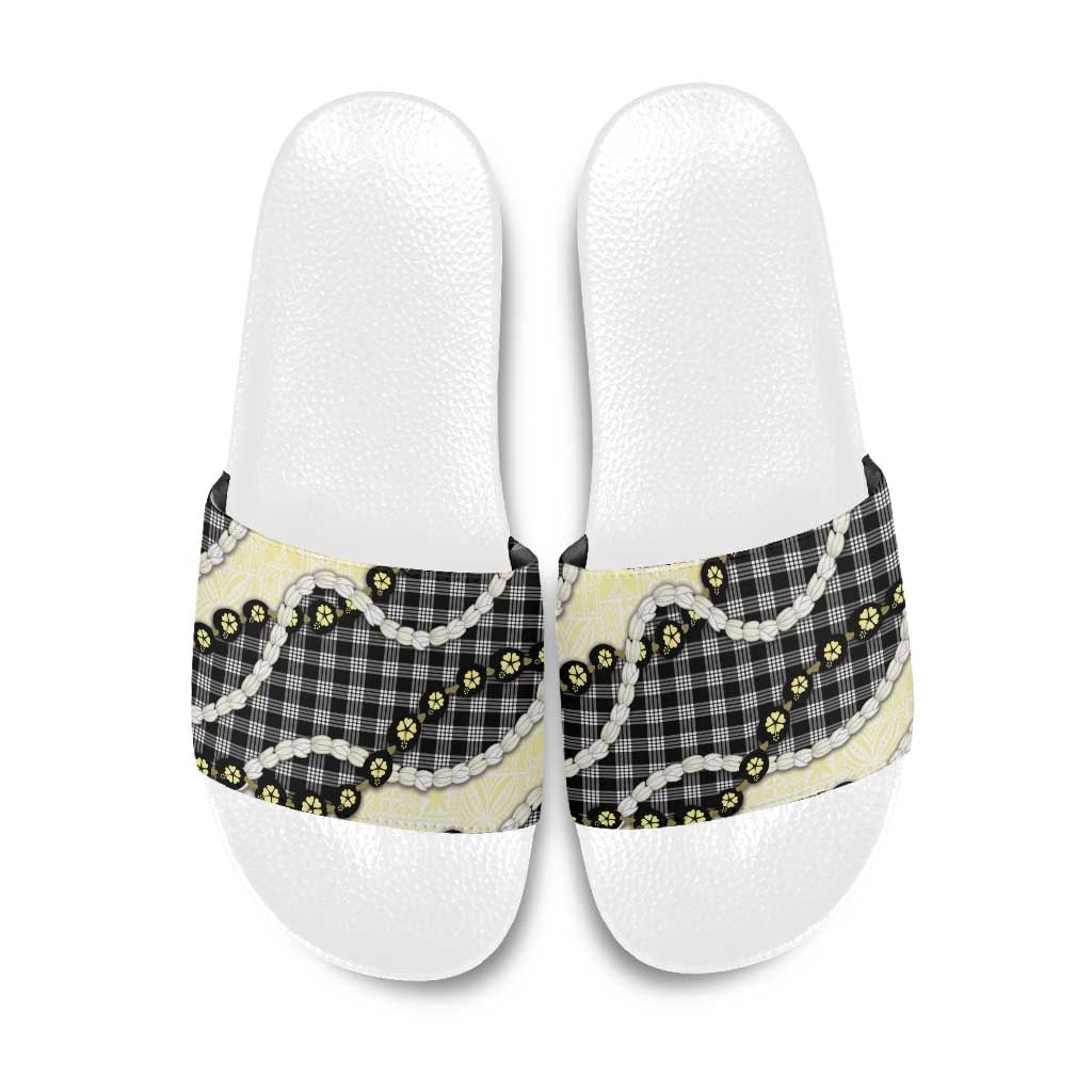 Black Palaka Hawaii Slide Sandals Kukui Nut Pikake Lei Hawaiian Tapa Pattern - Polynesian Pride