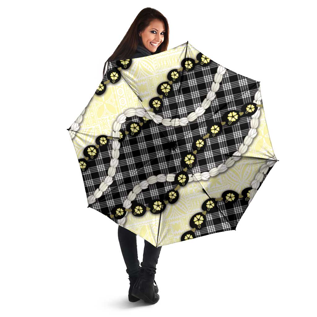 Black Palaka Hawaii Umbrella Kukui Nut Pikake Lei Hawaiian Tapa Pattern - Polynesian Pride