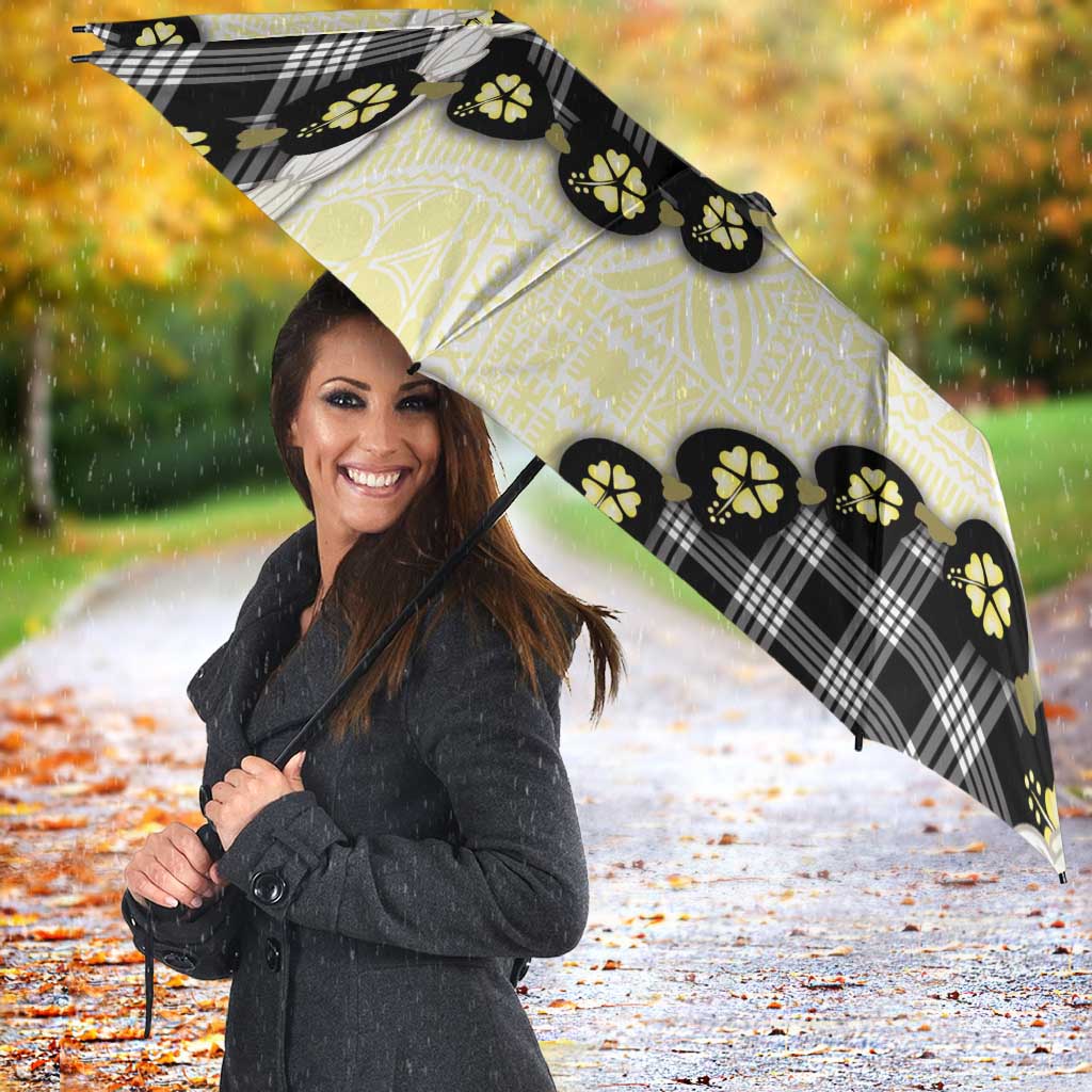 Black Palaka Hawaii Umbrella Kukui Nut Pikake Lei Hawaiian Tapa Pattern - Polynesian Pride