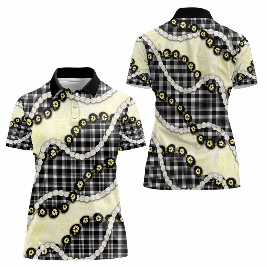 Black Palaka Hawaii Women Polo Shirt Kukui Nut Pikake Lei Hawaiian Tapa Pattern - Polynesian Pride