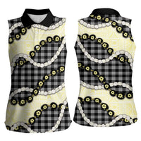 Black Palaka Hawaii Women Sleeveless Polo Shirt Kukui Nut Pikake Lei Hawaiian Tapa Pattern - Polynesian Pride