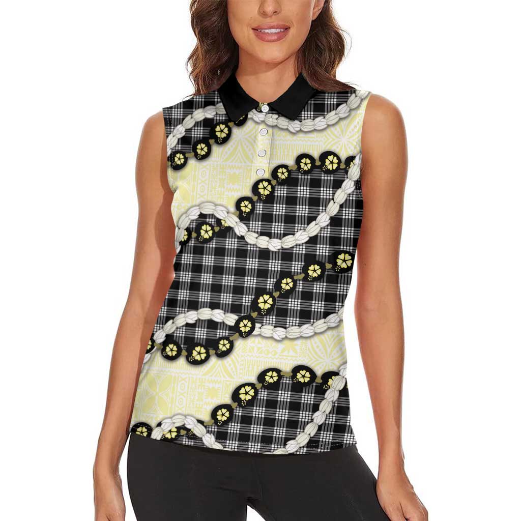 Black Palaka Hawaii Women Sleeveless Polo Shirt Kukui Nut Pikake Lei Hawaiian Tapa Pattern - Polynesian Pride