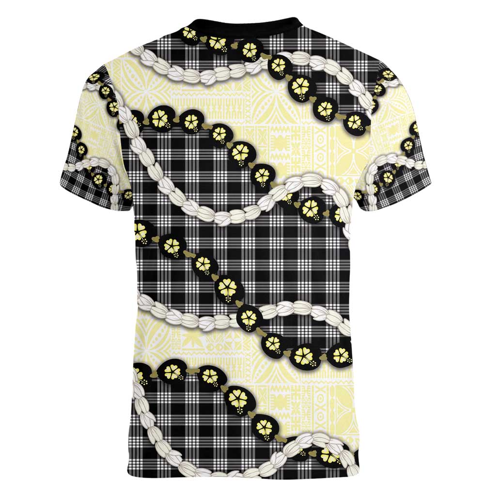 Black Palaka Hawaii Women V-Neck T-Shirt Kukui Nut Pikake Lei Hawaiian Tapa Pattern - Polynesian Pride