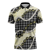 Black Palaka Hawaii Zipper Polo Shirt Kukui Nut Pikake Lei Hawaiian Tapa Pattern - Polynesian Pride