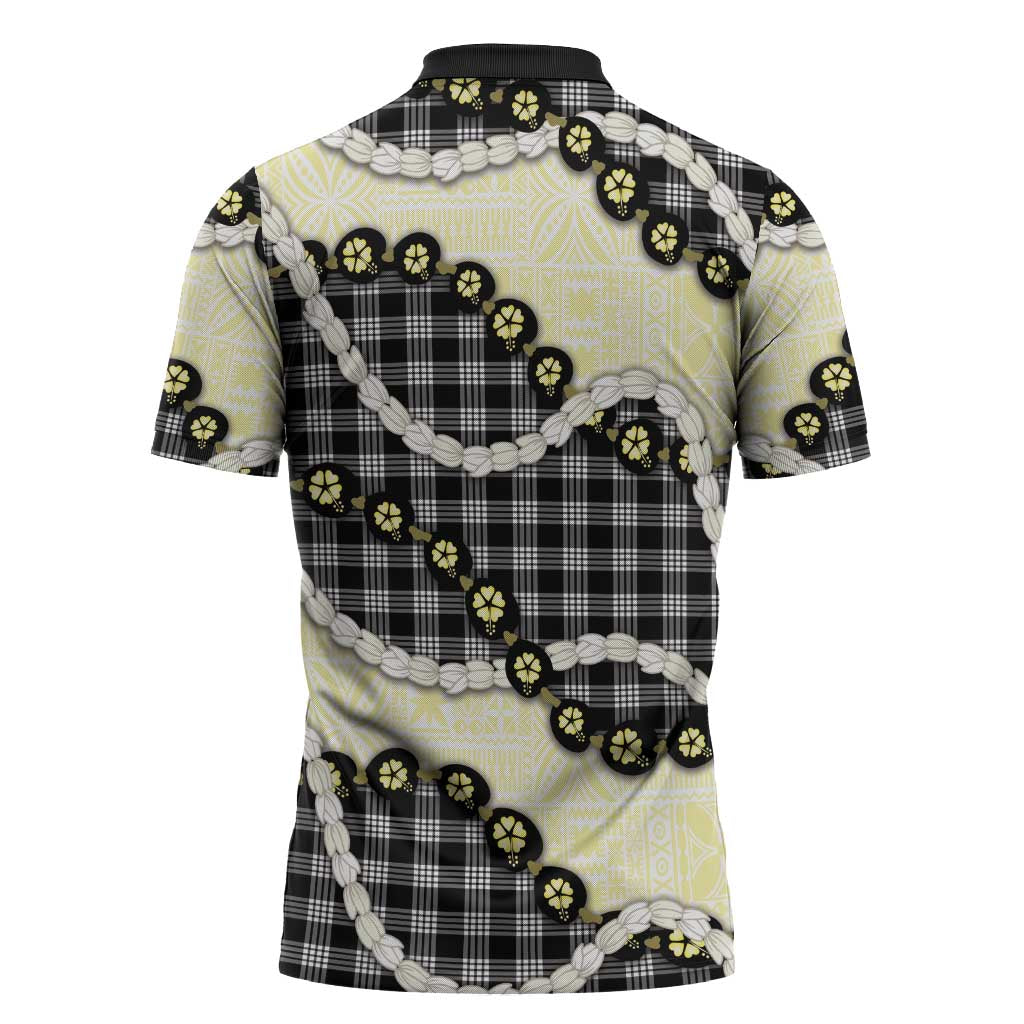 Black Palaka Hawaii Zipper Polo Shirt Kukui Nut Pikake Lei Hawaiian Tapa Pattern - Polynesian Pride