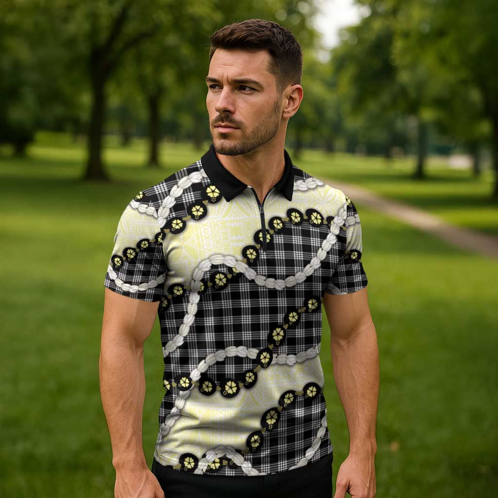 Black Palaka Hawaii Zipper Polo Shirt Kukui Nut Pikake Lei Hawaiian Tapa Pattern - Polynesian Pride