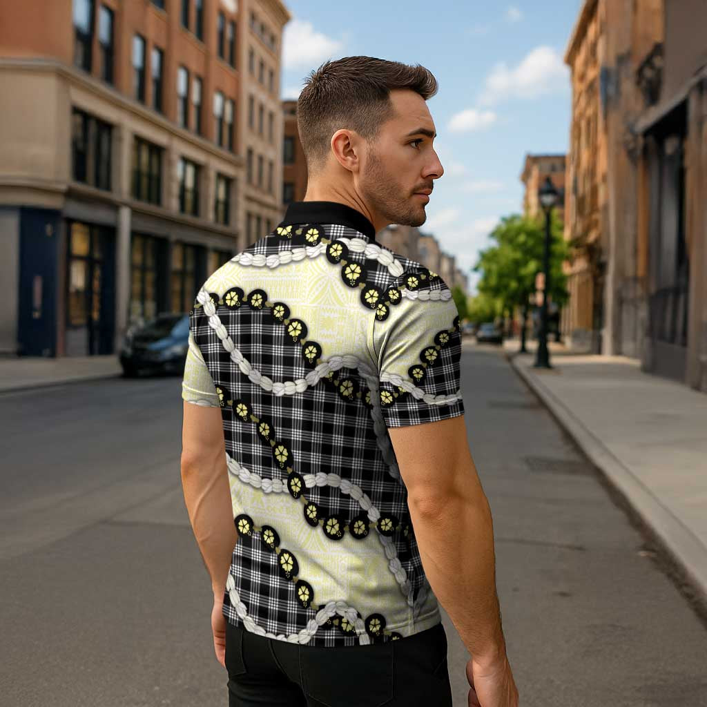 Black Palaka Hawaii Zipper Polo Shirt Kukui Nut Pikake Lei Hawaiian Tapa Pattern - Polynesian Pride