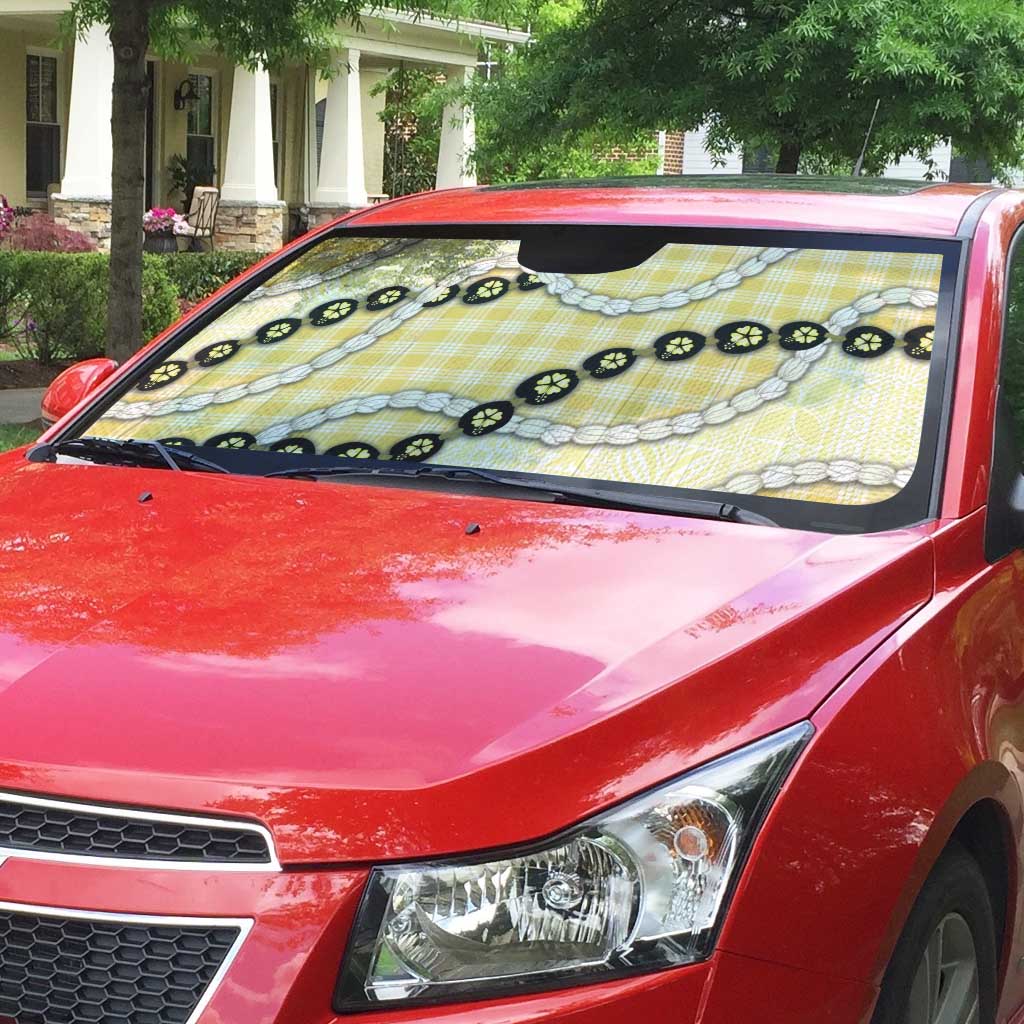 Yellow Palaka Hawaii Auto Sun Shade Kukui Nut Pikake Lei Hawaiian Tapa Pattern - Polynesian Pride