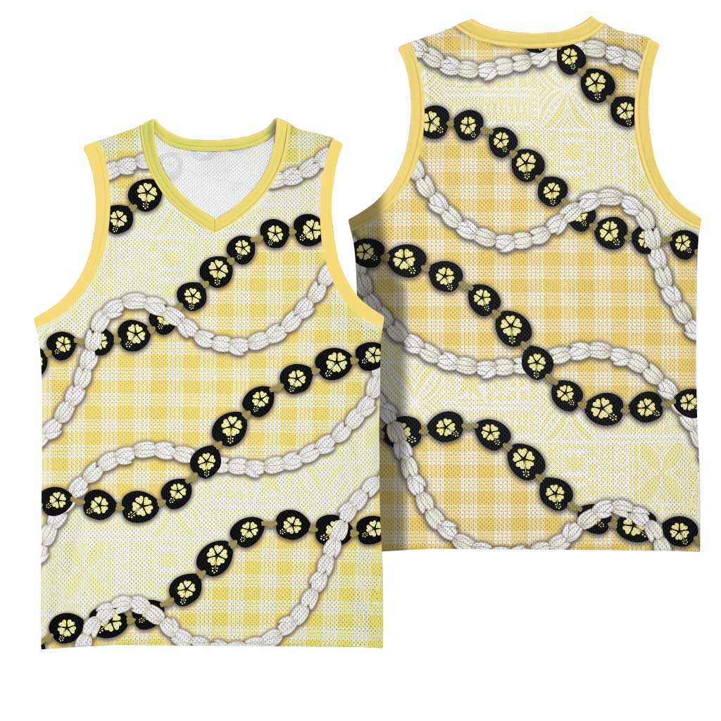 Yellow Palaka Hawaii Basketball Jersey Kukui Nut Pikake Lei Hawaiian Tapa Pattern - Polynesian Pride
