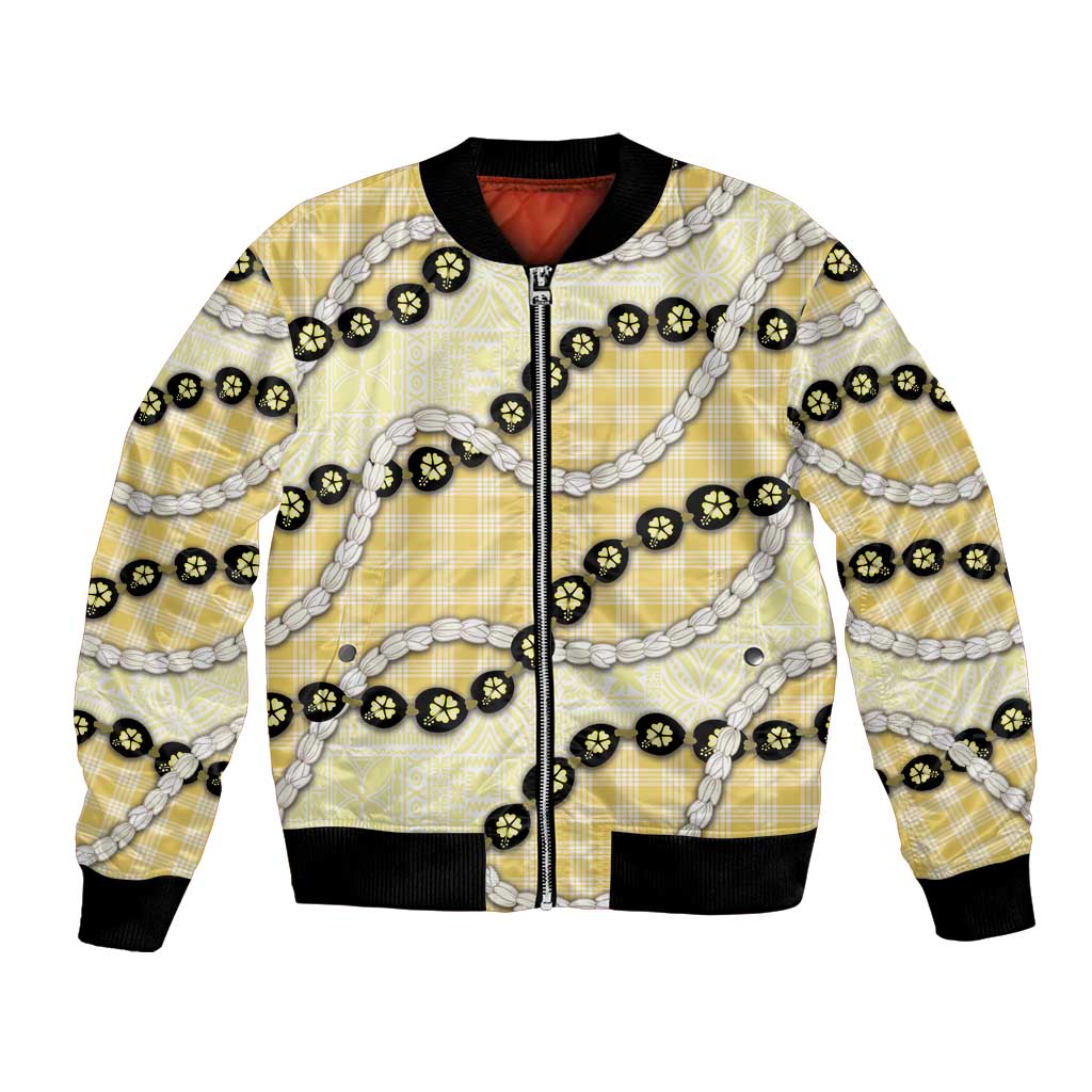 Yellow Palaka Hawaii Bomber Jacket Kukui Nut Pikake Lei Hawaiian Tapa Pattern - Polynesian Pride