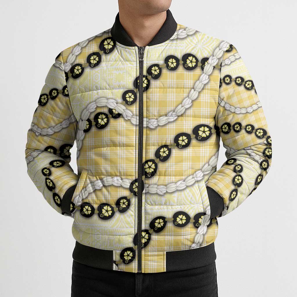Yellow Palaka Hawaii Bomber Puffer Jacket Kukui Nut Pikake Lei Hawaiian Tapa Pattern - Polynesian Pride