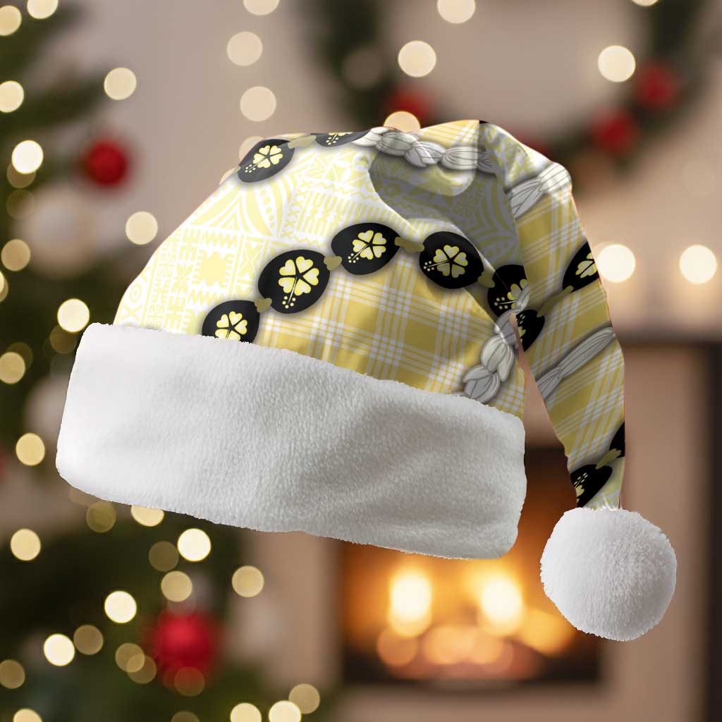 Yellow Palaka Hawaii Christmas Santa Hat Kukui Nut Pikake Lei Hawaiian Tapa Pattern - Polynesian Pride