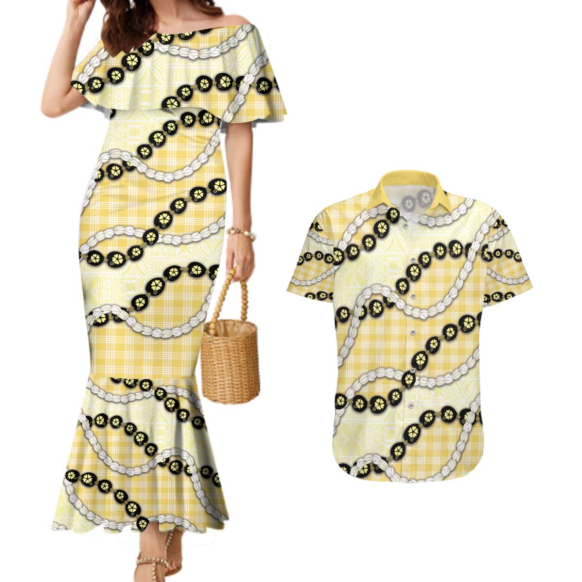 Yellow Palaka Hawaii Couples Matching Mermaid Dress and Hawaiian Shirt Kukui Nut Pikake Lei Hawaiian Tapa Pattern - Polynesian Pride