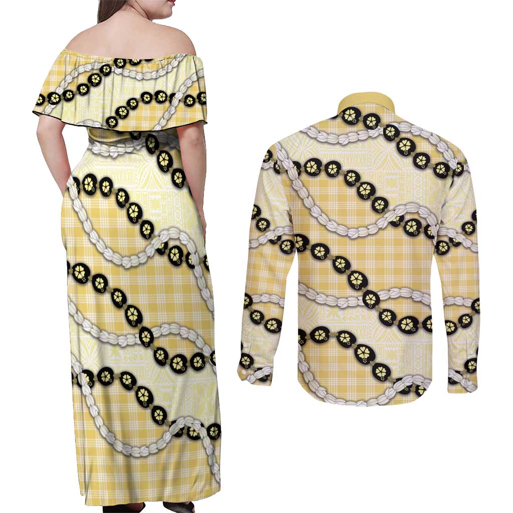 Yellow Palaka Hawaii Couples Matching Off Shoulder Maxi Dress and Long Sleeve Button Shirt Kukui Nut Pikake Lei Hawaiian Tapa Pattern - Polynesian Pride