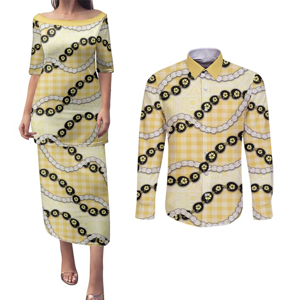 Yellow Palaka Hawaii Couples Matching Puletasi and Long Sleeve Button Shirt Kukui Nut Pikake Lei Hawaiian Tapa Pattern - Polynesian Pride