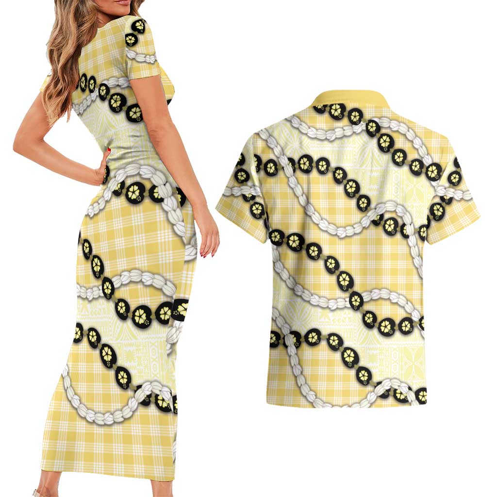 Yellow Palaka Hawaii Couples Matching Short Sleeve Bodycon Dress and Hawaiian Shirt Kukui Nut Pikake Lei Hawaiian Tapa Pattern - Polynesian Pride