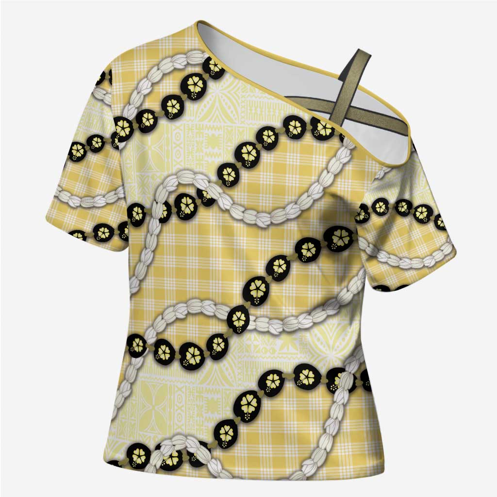 Yellow Palaka Hawaii Cross Shoulder Shirt Kukui Nut Pikake Lei Hawaiian Tapa Pattern - Polynesian Pride
