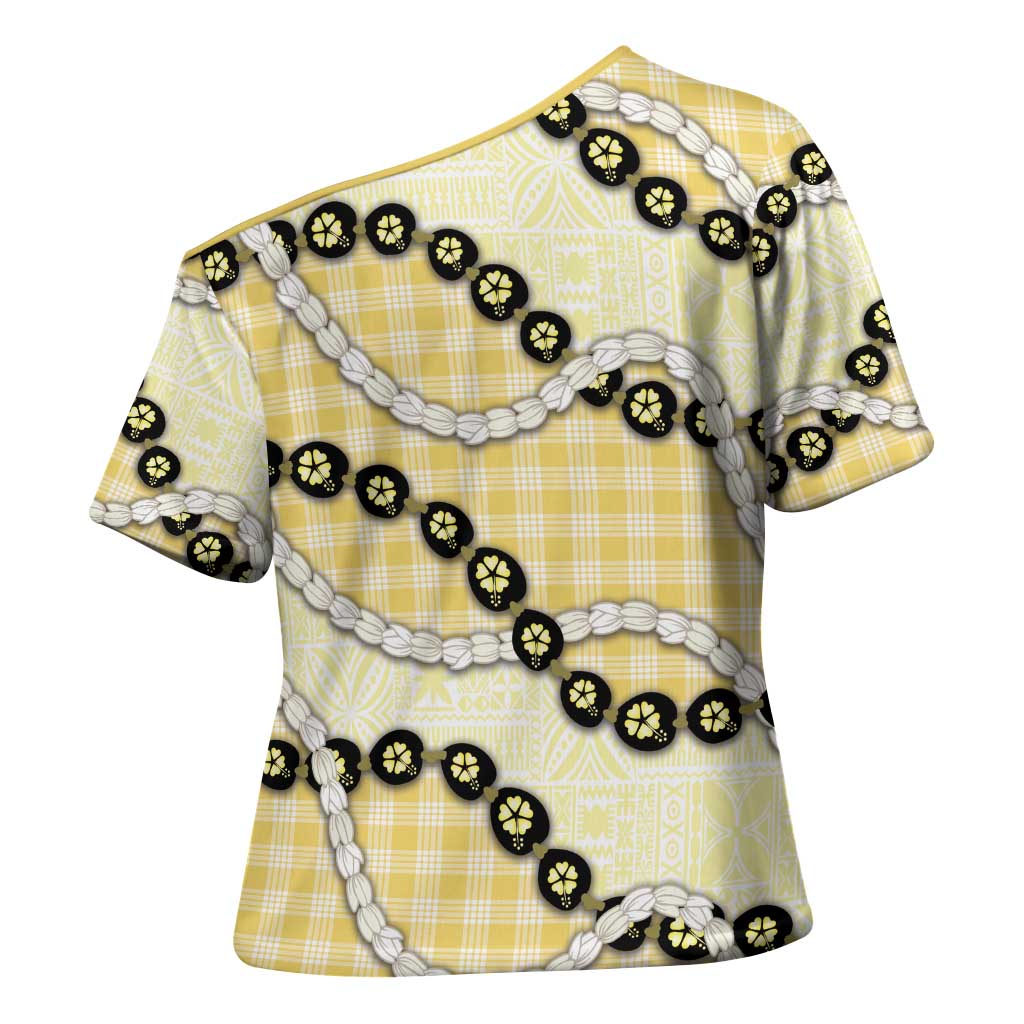 Yellow Palaka Hawaii Cross Shoulder Shirt Kukui Nut Pikake Lei Hawaiian Tapa Pattern - Polynesian Pride