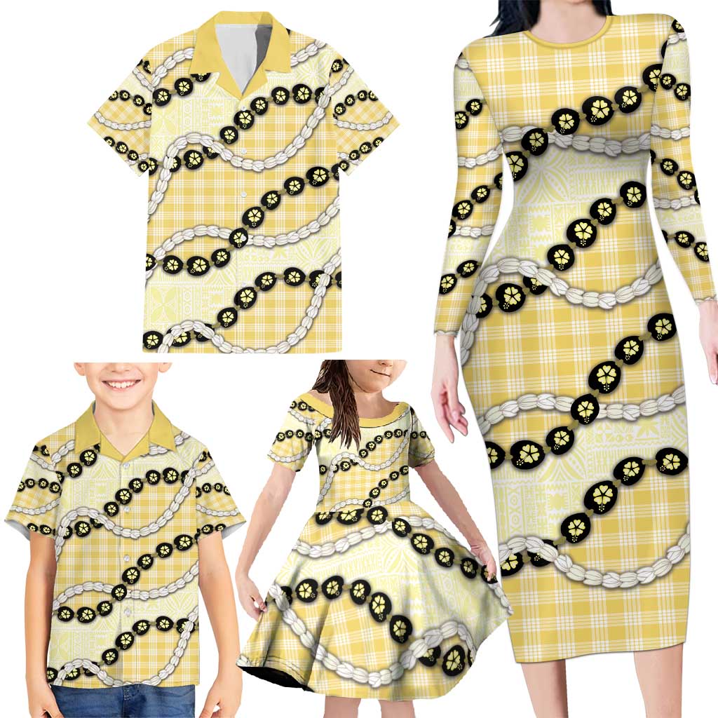 Yellow Palaka Hawaii Family Matching Long Sleeve Bodycon Dress and Hawaiian Shirt Kukui Nut Pikake Lei Hawaiian Tapa Pattern - Polynesian Pride