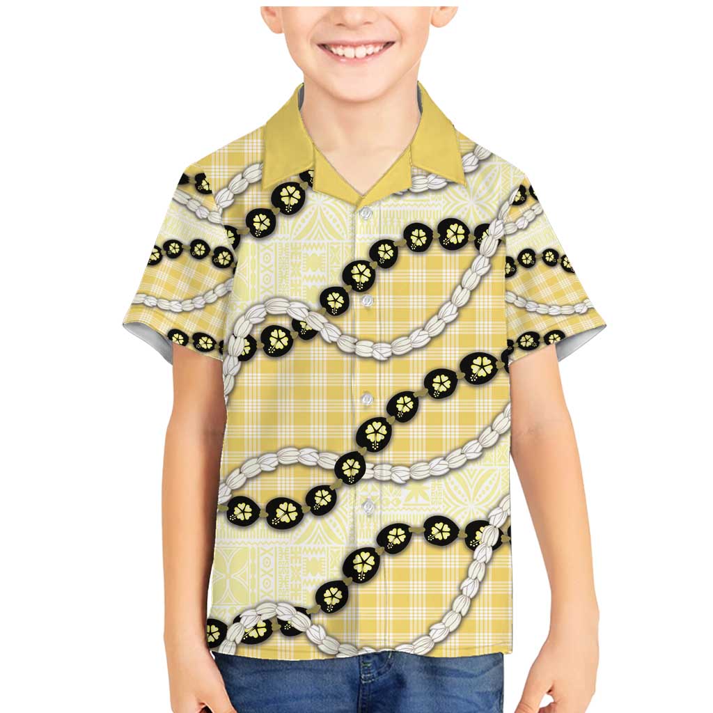 Yellow Palaka Hawaii Family Matching Mermaid Dress and Hawaiian Shirt Kukui Nut Pikake Lei Hawaiian Tapa Pattern - Polynesian Pride