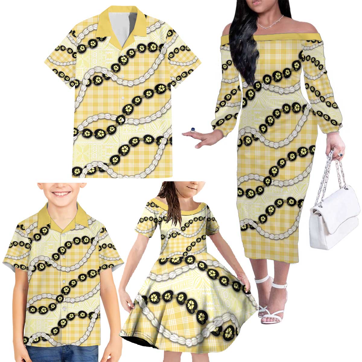 Yellow Palaka Hawaii Family Matching Off The Shoulder Long Sleeve Dress and Hawaiian Shirt Kukui Nut Pikake Lei Hawaiian Tapa Pattern - Polynesian Pride