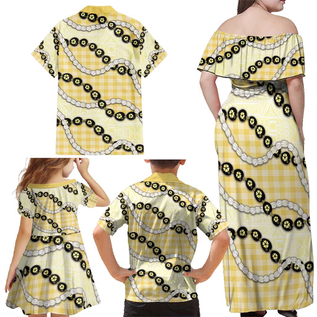 Yellow Palaka Hawaii Family Matching Off Shoulder Maxi Dress and Hawaiian Shirt Kukui Nut Pikake Lei Hawaiian Tapa Pattern - Polynesian Pride