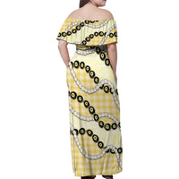 Yellow Palaka Hawaii Family Matching Off Shoulder Maxi Dress and Hawaiian Shirt Kukui Nut Pikake Lei Hawaiian Tapa Pattern - Polynesian Pride