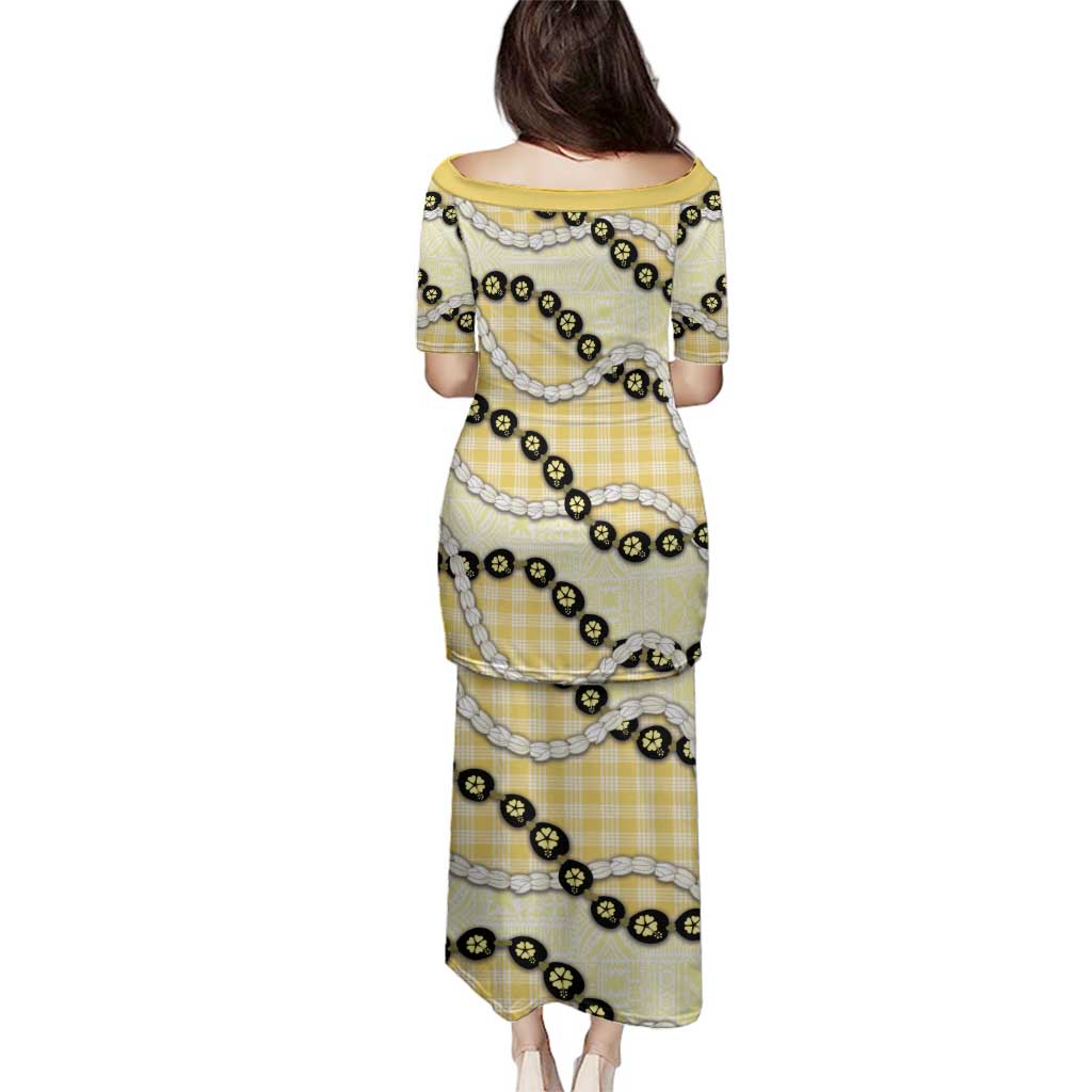 Yellow Palaka Hawaii Family Matching Puletasi and Hawaiian Shirt Kukui Nut Pikake Lei Hawaiian Tapa Pattern - Polynesian Pride