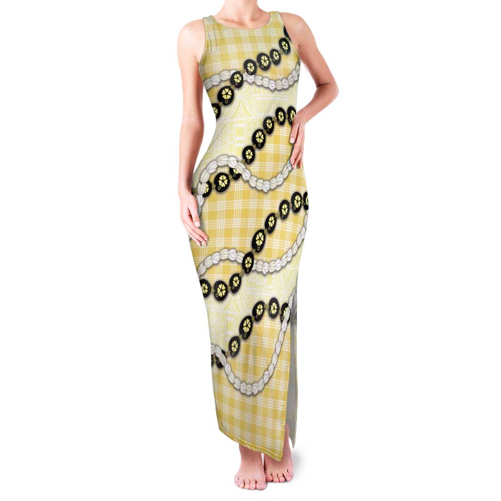 Yellow Palaka Hawaii Family Matching Tank Maxi Dress and Hawaiian Shirt Kukui Nut Pikake Lei Hawaiian Tapa Pattern - Polynesian Pride