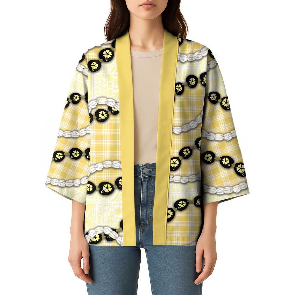 Yellow Palaka Hawaii Kimono Kukui Nut Pikake Lei Hawaiian Tapa Pattern - Polynesian Pride
