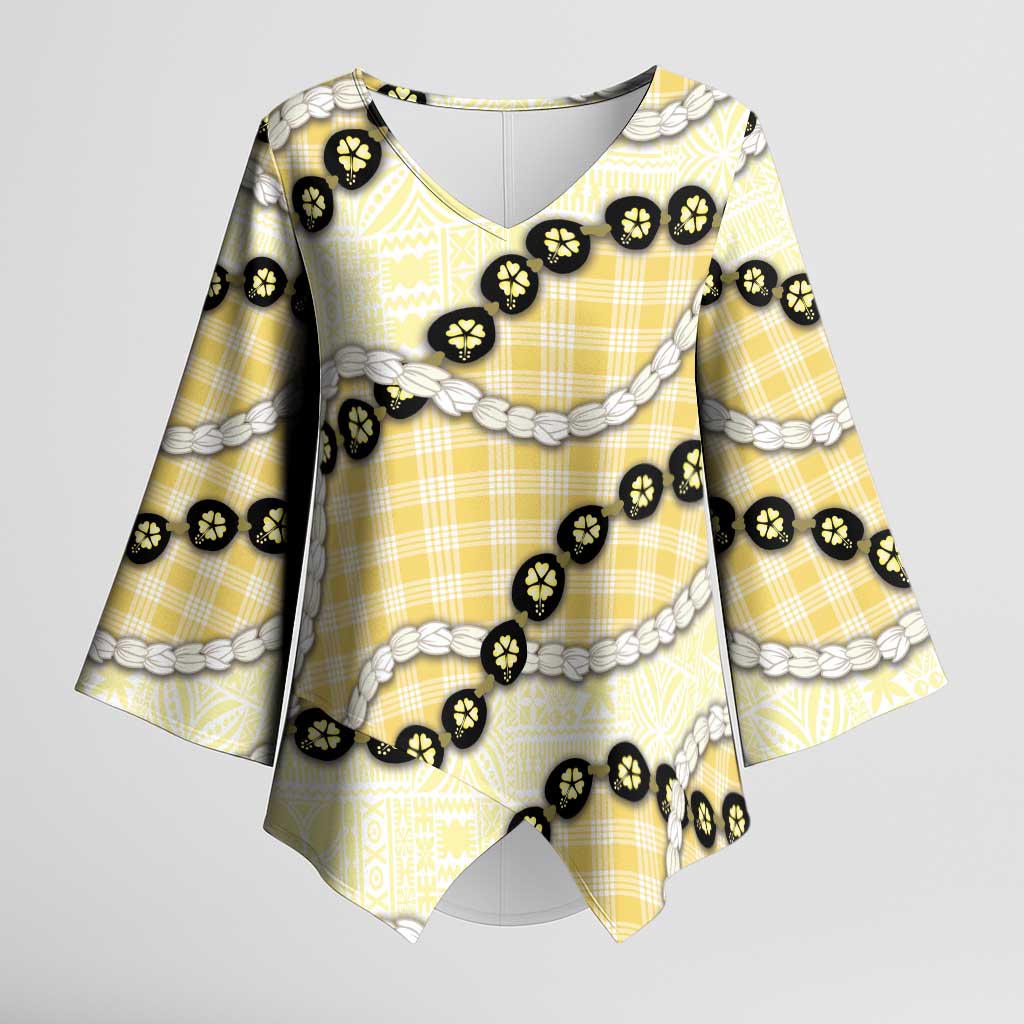 Yellow Palaka Hawaii Kimono Sleeve Blouse Kukui Nut Pikake Lei Hawaiian Tapa Pattern - Polynesian Pride