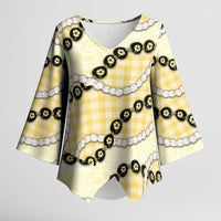 Yellow Palaka Hawaii Kimono Sleeve Blouse Kukui Nut Pikake Lei Hawaiian Tapa Pattern - Polynesian Pride
