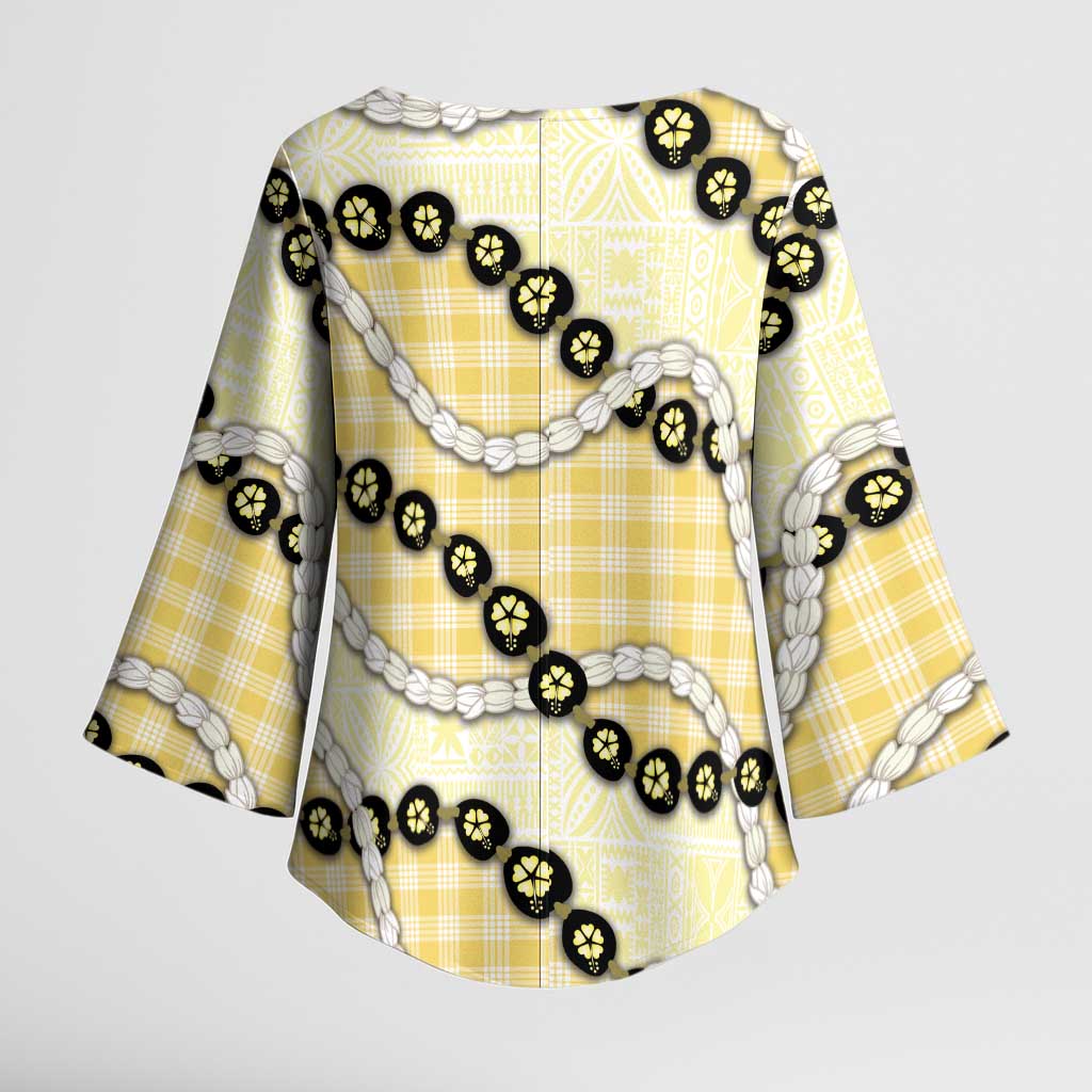 Yellow Palaka Hawaii Kimono Sleeve Blouse Kukui Nut Pikake Lei Hawaiian Tapa Pattern - Polynesian Pride