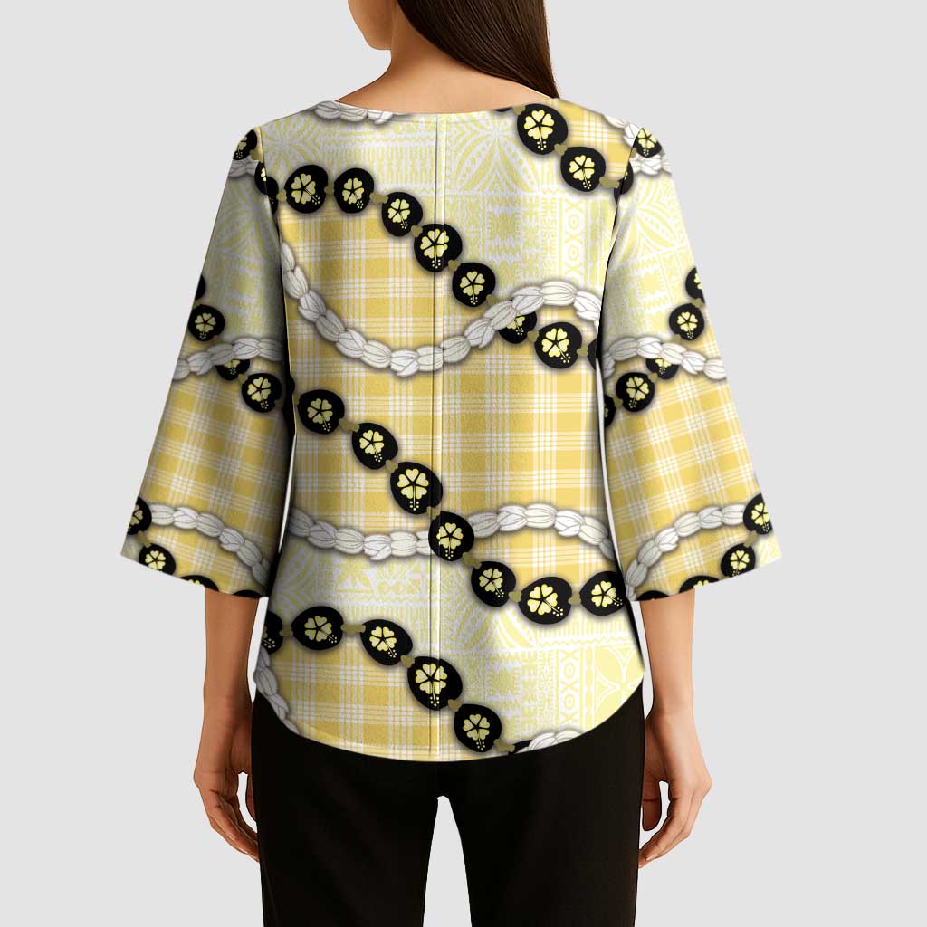 Yellow Palaka Hawaii Kimono Sleeve Blouse Kukui Nut Pikake Lei Hawaiian Tapa Pattern - Polynesian Pride