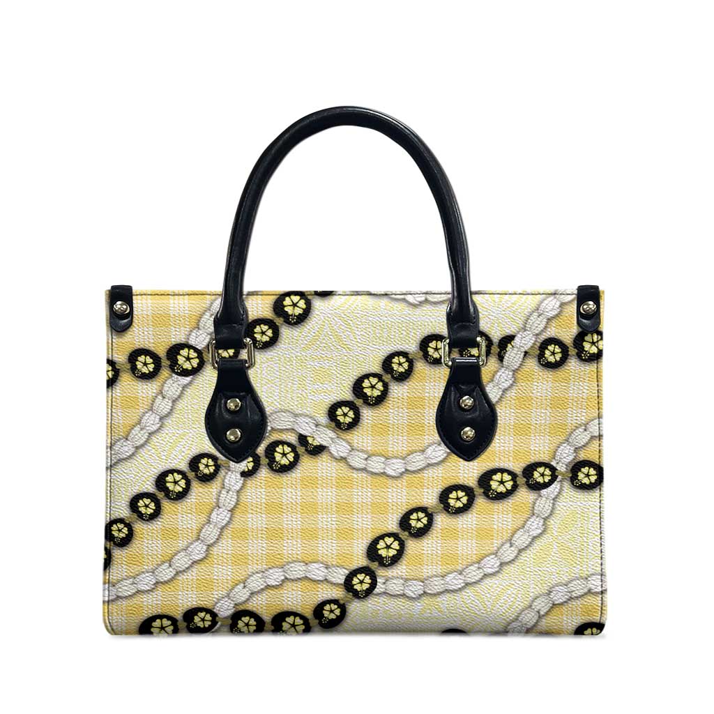 Yellow Palaka Hawaii Leather Bag Kukui Nut Pikake Lei Hawaiian Tapa Pattern - Polynesian Pride